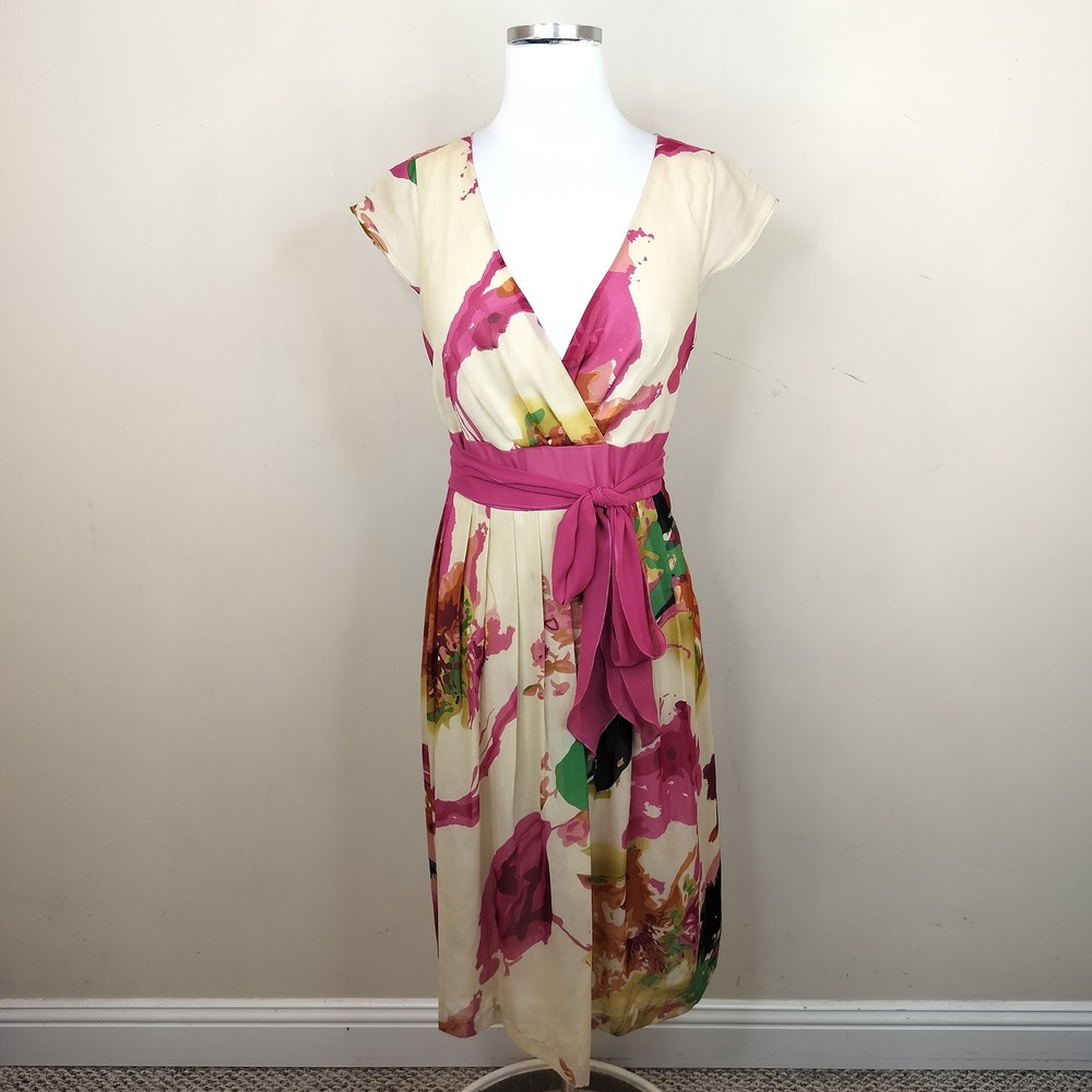 Jonathan Martin Floral Pleated Midi Dress 14 Watercolor Colorful Pink Tie Waist